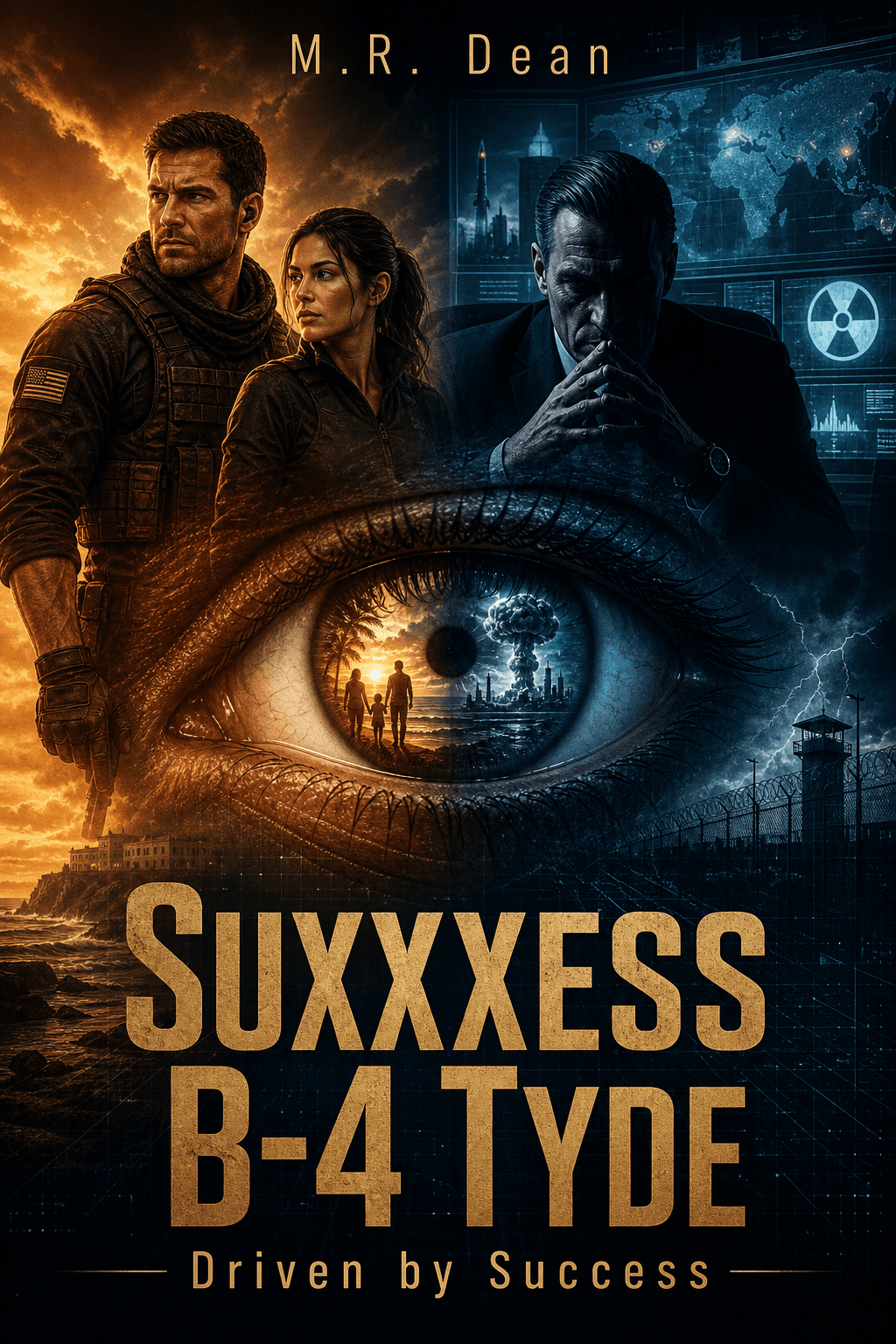 Suxxxess b-4 Tyde book cover by M.R. Dean — political action thriller showing tactical agent, woman, suited antagonist, and central eye over a burning cityscape